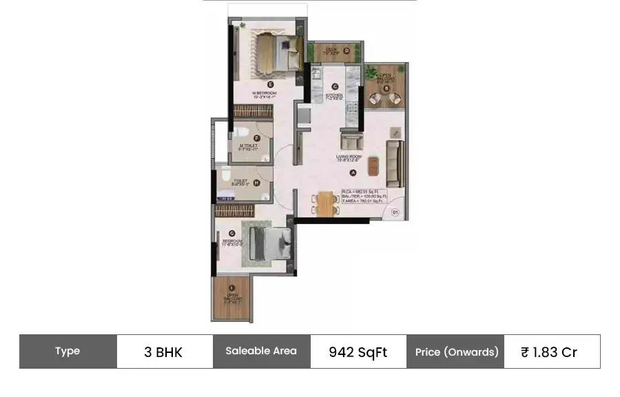 Parth Lake View 3 BHK floor plan, 942 sq ft carpet area
